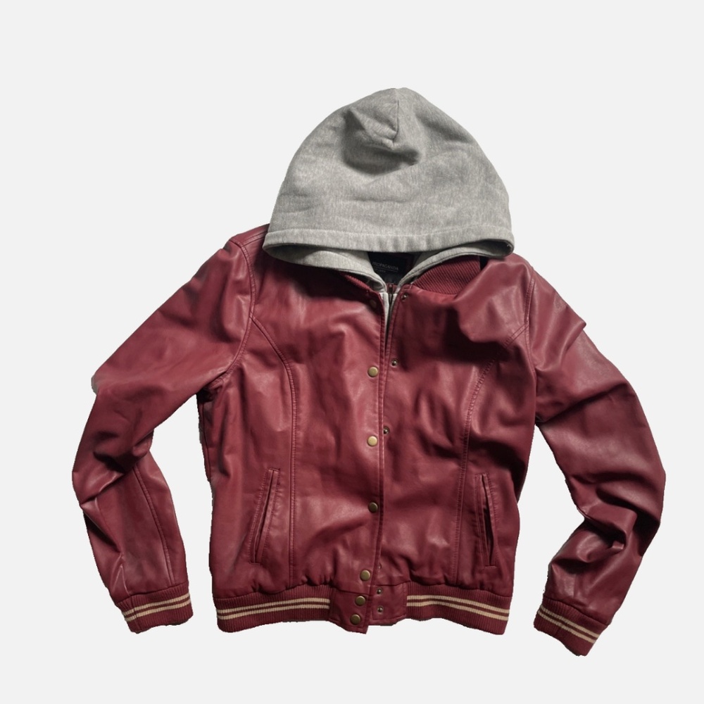 OBEY Faux Leather vegan Jacket Hoodie Bomber Varsity Burgundy Red womens XL